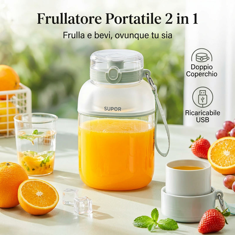 Frullatore Portatile e Borraccia SUPOR 2-in-1: Mini Smoothie Maker USB con Doppio Tappo