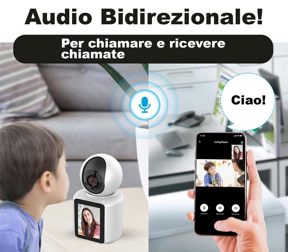 Telecamera Smart con Display | Videochiamata Bidirezionale da Tasto | Wi-Fi PTZ | Bianco