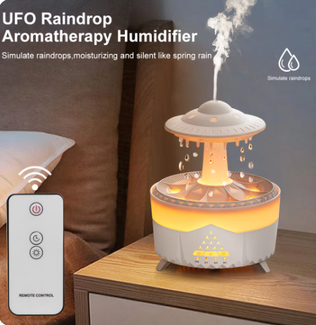 Umidificatore Effetto Pioggia UFO Raindrop | Diffusore di Aromi a Ultrasuoni con Luce LED d'Atmosfera, Rumore Bianco e Telecomando per Camera da Letto