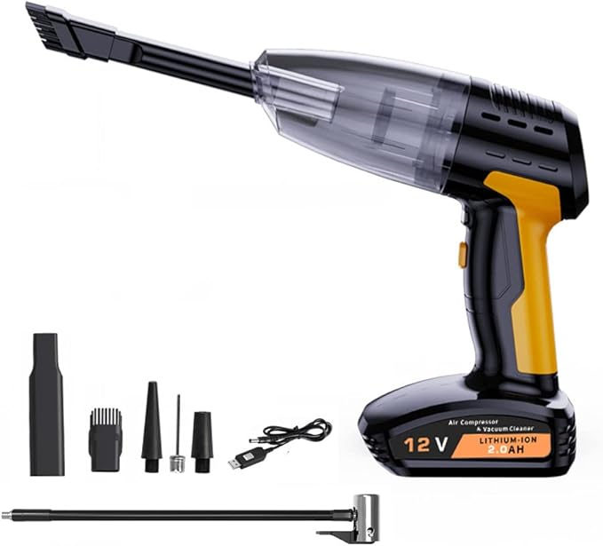 Aspirapolvere Portatile per Auto 4 in 1 e Compressore Gonfiatore Pneumatici 12V - Mini Aspirabriciole Senza Fili con Batteria Litio 2.0Ah, Pompa Elettrica Portatile per Auto, Moto, Bici e Palloni