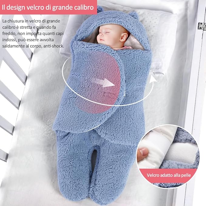 Coperta Fascia per Neonati 0 - 6 mesi con Cappuccio | Sacco Nanna Peluche per Carrozzina e Culla