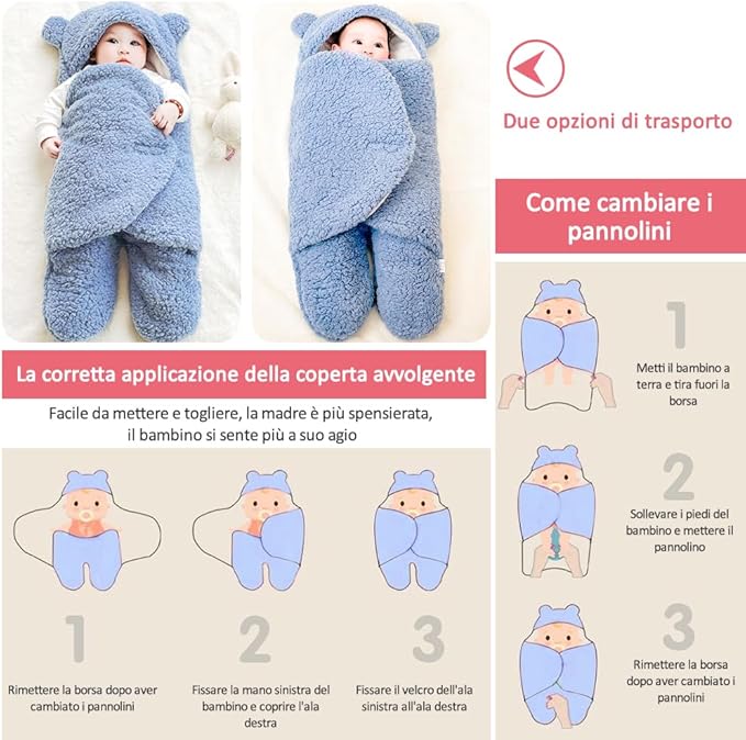 Coperta Fascia per Neonati 0 - 6 mesi con Cappuccio | Sacco Nanna Peluche per Carrozzina e Culla