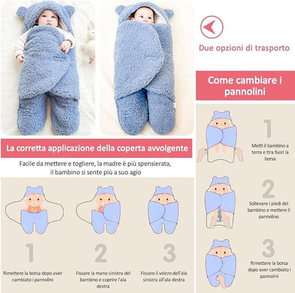 Coperta Fascia per Neonati 0 - 6 mesi con Cappuccio | Sacco Nanna Peluche per Carrozzina e Culla