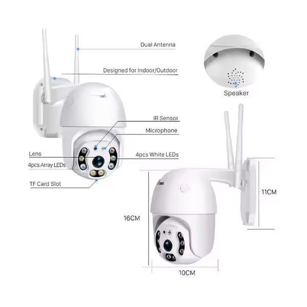Telecamera di Sicurezza Esterna 360° senza Fili | Speed Dome Wi-Fi con Visione Notturna LED