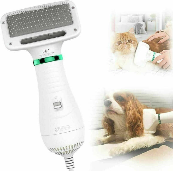 Asciugatore per Cani e Gatti 2 in 1 - Phon Spazzola Elettrico Silenzioso con Temperatura Regolabile, Cardatore per Sottopelo e Nodi con Punte Protette