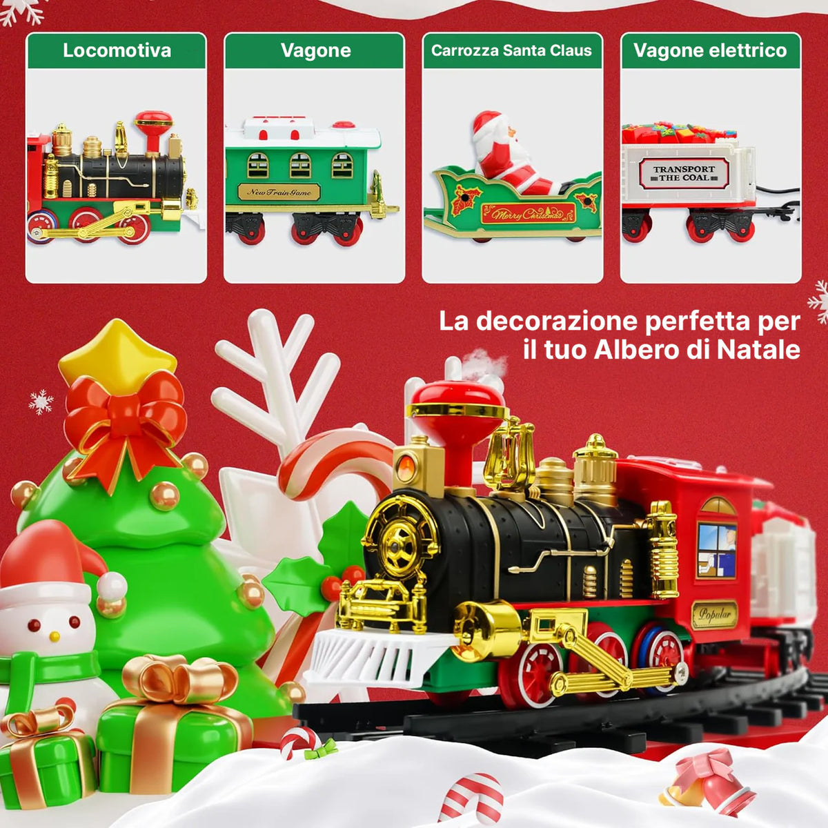 Trenino di Natale Elettrico con Binari | Locomotiva e Vagoni di Babbo Natale