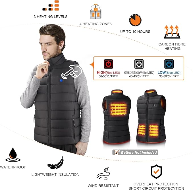 Gilet Riscaldato Elettrico USB: Smanicato Termico Impermeabile a 4 Zone di Calore