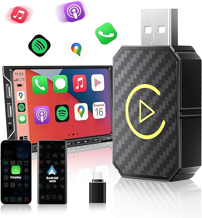 Adattatore CarPlay Wireless e Android Auto Wireless 2 in 1, Chiavetta USB Dongle per Auto con Cavo Originale, Connessione Automatica Plug & Play, Include Adattatore da USB a USB-C