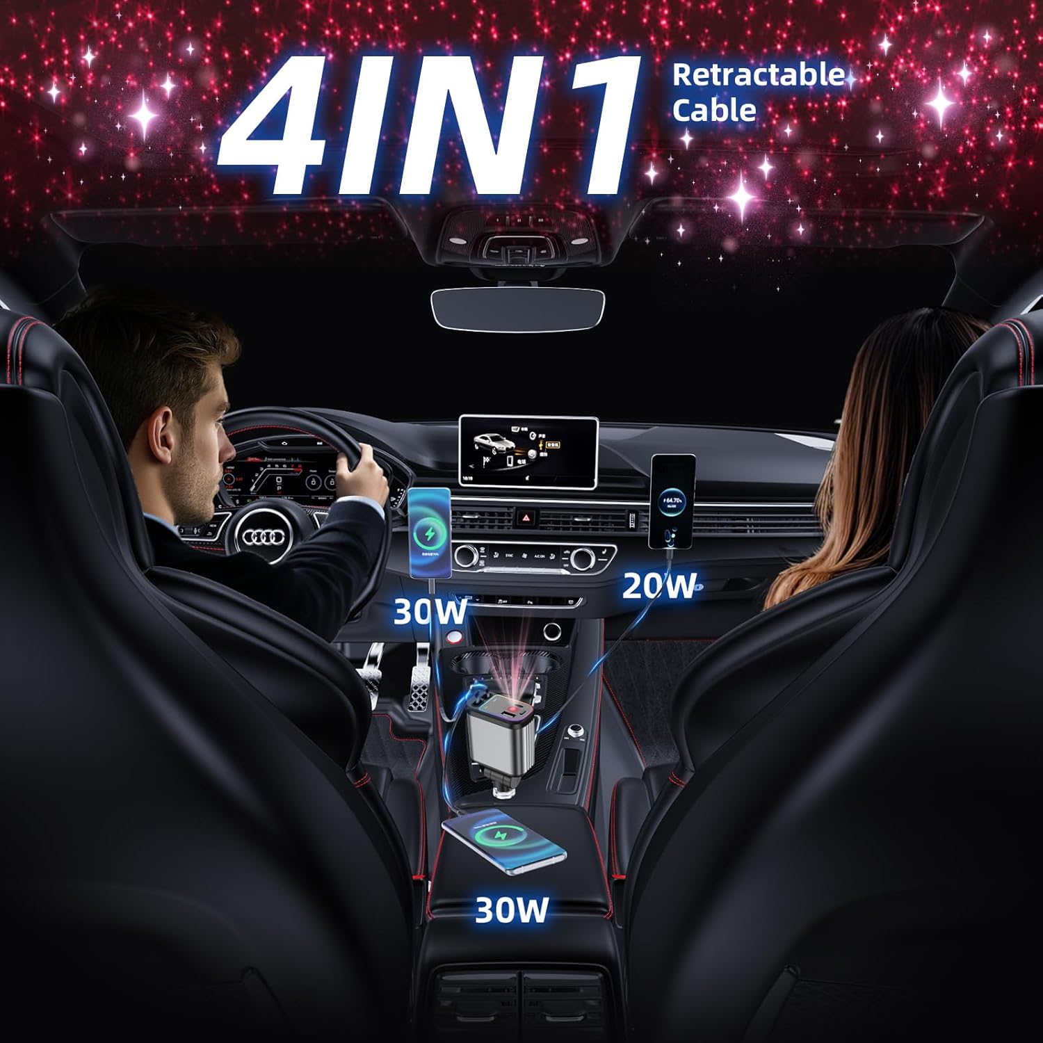 Caricatore Auto Accendisigari con 2 Cavi Avvolgibili e Luci RGB | Caricabatterie Rapido Universale 4 in 1 per Smartphone e Tablet