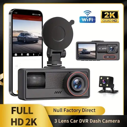 Dash Cam Auto 3 Telecamere 2K Quad HD, Telecamera per Auto Fronte, Retro e Abitacolo con WiFi, Dashcam con Visione Notturna, G-Sensor, Monitoraggio Parcheggio e Controllo App