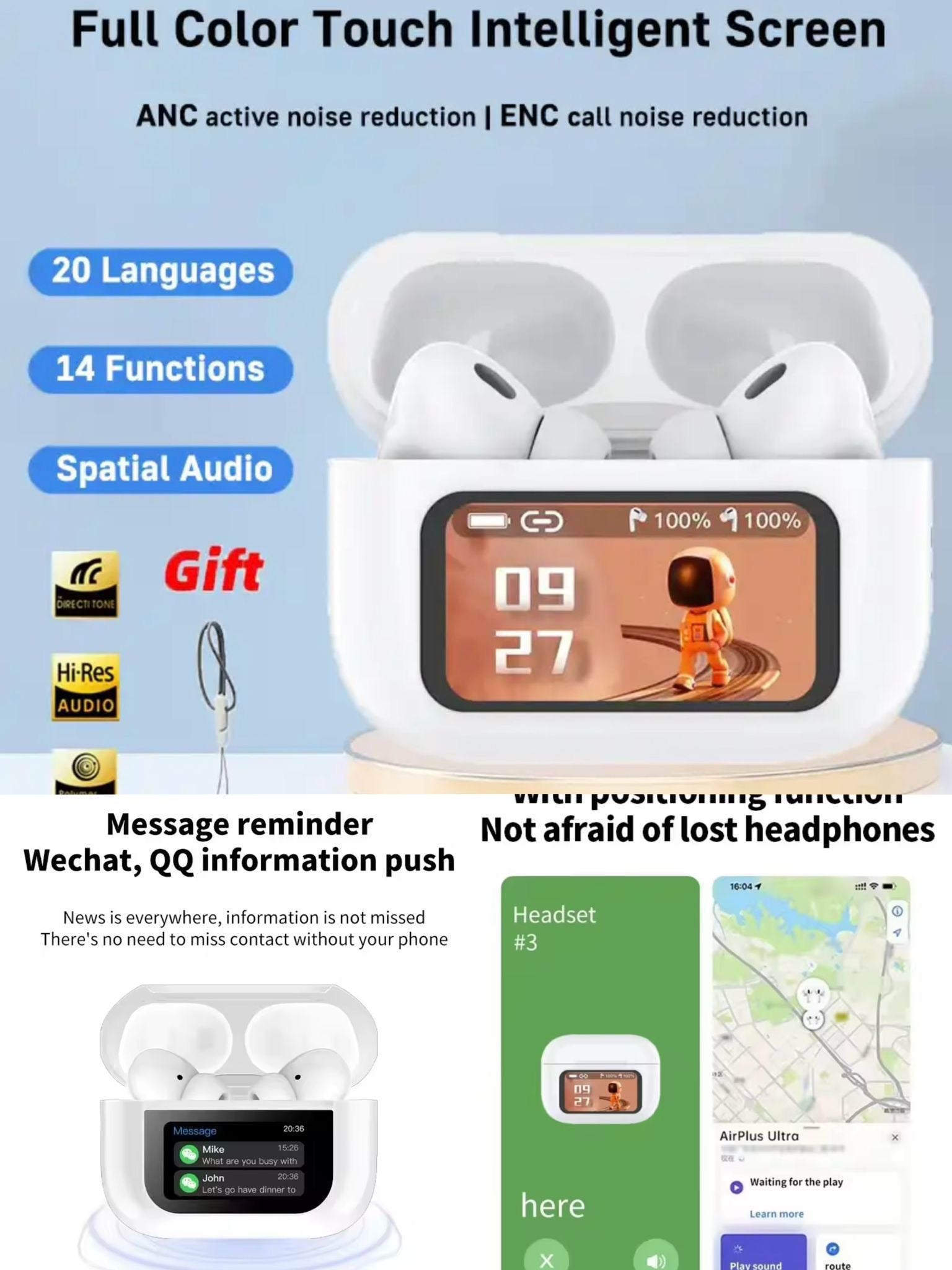Auricolari Bluetooth con Custodia Touch Screen a Colori | Cuffie Wireless con ANC e ENC, Audio Spaziale Hi-Res e Funzione Trova Auricolari GPS