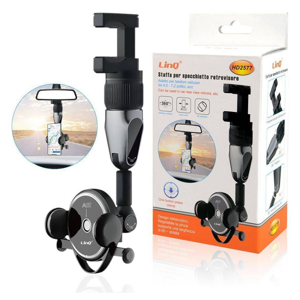 Supporto Smartphone per Specchietto Retrovisore Auto LinQ HD2577, Porta Cellulare Universale 4.0"-7.2" Telescopico Girevole 360° con Chiusura Automatica Auto-Lock