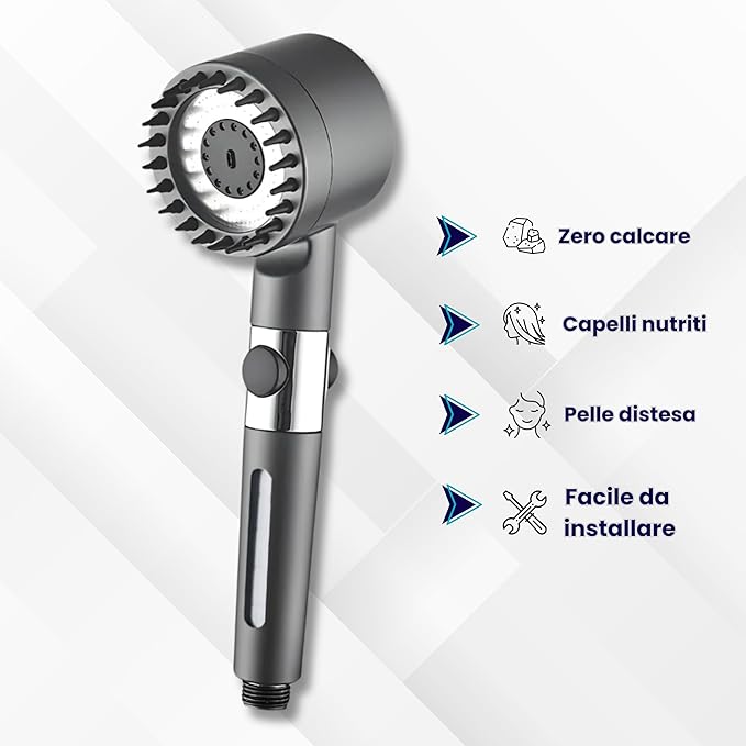 Soffione Doccia con Tasto Stop e 3 Getti | Doccino Massaggiante Grigio Anticalcare