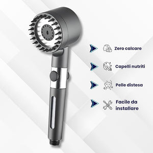 Soffione Doccia con Tasto Stop e 3 Getti | Doccino Massaggiante Grigio Anticalcare