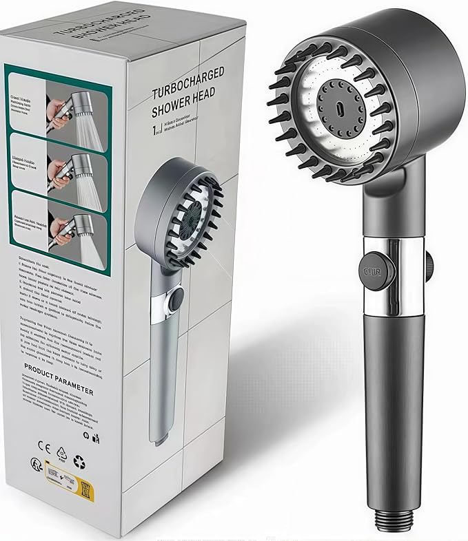 Soffione Doccia con Tasto Stop e 3 Getti | Doccino Massaggiante Grigio Anticalcare