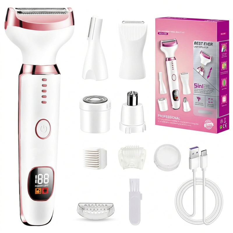 Rasoio Elettrico Donna 5 in 1: Kit Depilazione con Display LED e Testine Intercambiabili