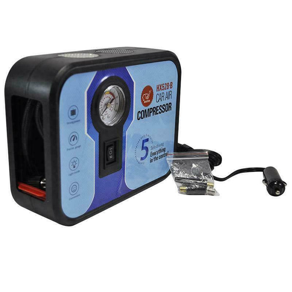 Mini Compressore Auto 12V Portatile HX528-B – Gonfiatore Pneumatici Elettrico Auto, Pompa Elettrica Portatile con Manometro e Kit Ugelli per Ruote Auto, Moto, Bici e Palloni