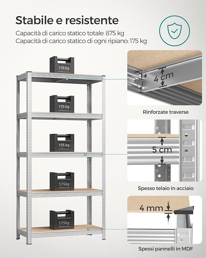 Scaffale in Acciaio Zincato 5 Ripiani Regolabili | Mobile Portaoggetti per Ripostiglio, Garage