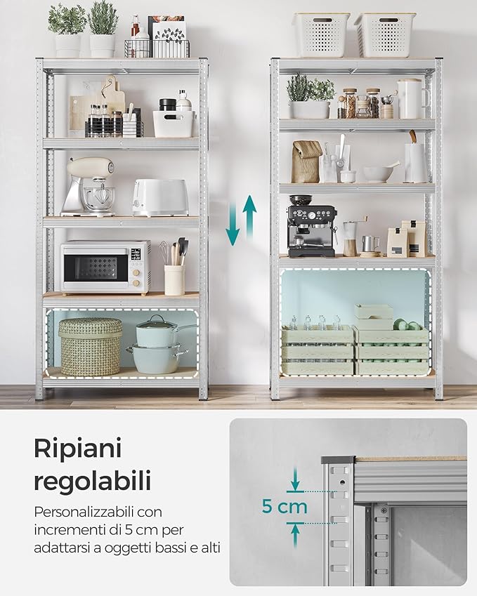 Scaffale in Acciaio Zincato 5 Ripiani Regolabili | Mobile Portaoggetti per Ripostiglio, Garage