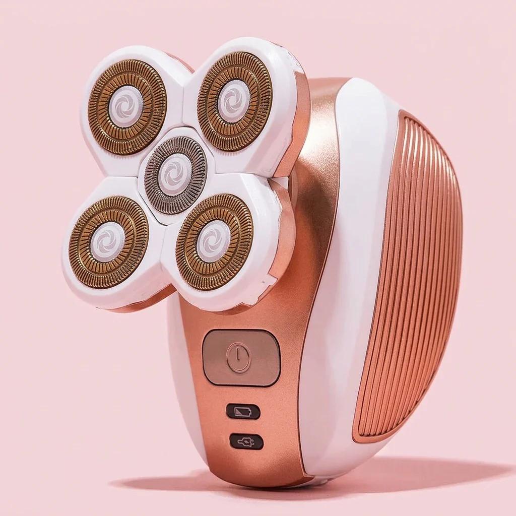 Rasoio Elettrico Donna a 5 Testine Rotanti | Depilatore Corpo Wireless Delicato per Gambe, Braccia, Ascelle e Zona Bikini, Oro Rosa