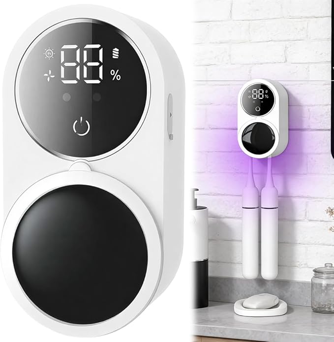 Sterilizzatore Spazzolini UV da Parete | Porta Spazzolini Smart con Asciugatura a Ventola, Display LED e Batteria USB per Spazzolini Elettrici e Manuali