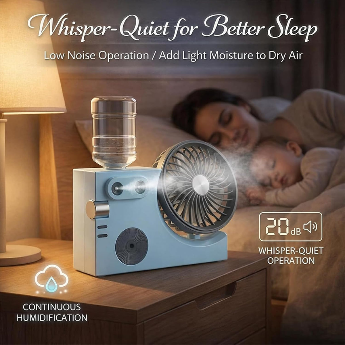 Mini Ventilatore Portatile da Tavolo con Umidificatore USB, Ventilatore Silenzioso 20dB da Comodino e Scrivania, Mini Condizionatore d'Aria Portatile con Nebulizzatore, Grigio/Azzurro