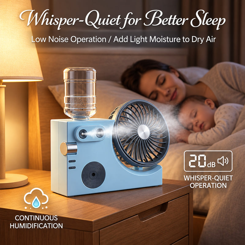Mini Ventilatore Portatile da Tavolo con Umidificatore USB, Ventilatore Silenzioso 20dB da Comodino e Scrivania, Mini Condizionatore d'Aria Portatile con Nebulizzatore, Grigio/Azzurro