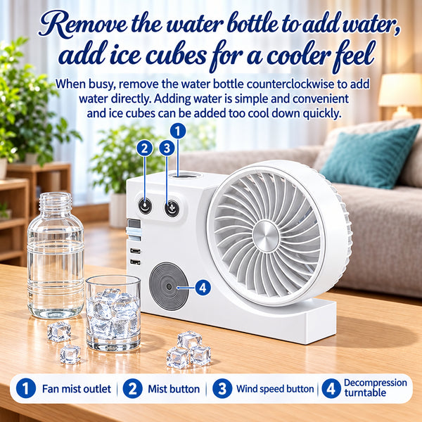 Mini Ventilatore Portatile da Tavolo con Umidificatore USB, Ventilatore Silenzioso 20dB da Comodino e Scrivania, Mini Condizionatore d'Aria Portatile con Nebulizzatore, Grigio/Azzurro