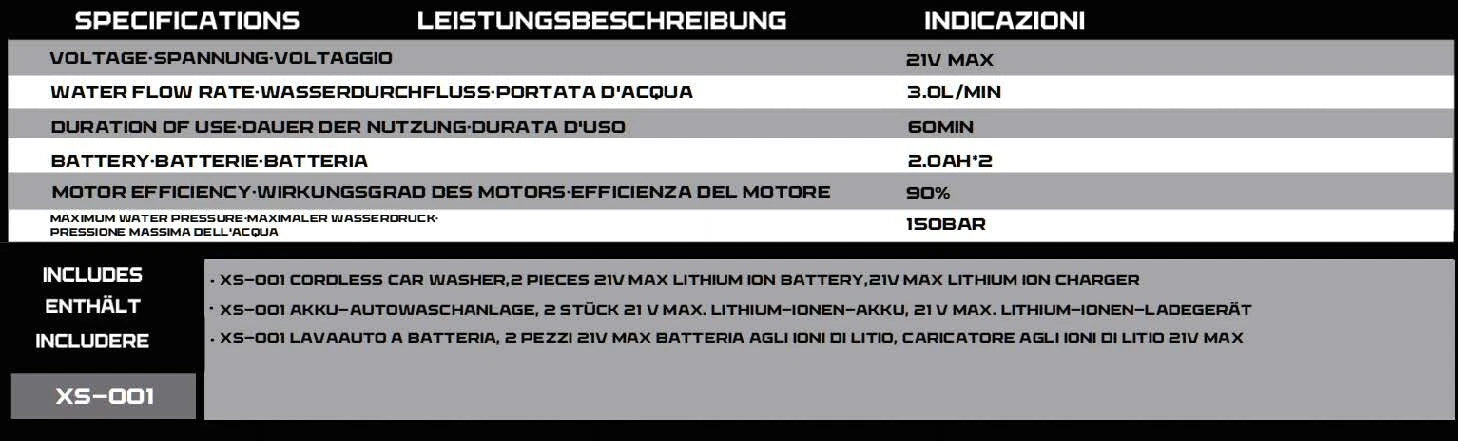 Idropulitrice a Batteria 21V Brushless XS-001 – Idropulitrice Portatile ad Alta Pressione con Batteria al Litio 2.0Ah, Pistola Lavaggio Auto Senza Fili e Pulizia Esterni