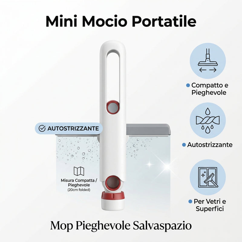 Mini Mocio Portatile Autostrizzante | Mop Pieghevole Salvaspazio per Vetri e Casa
