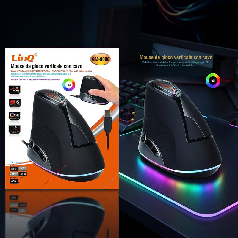Mouse da Gioco Verticale LinQ GM-8088 | Ergonomico con Cavo e RGB