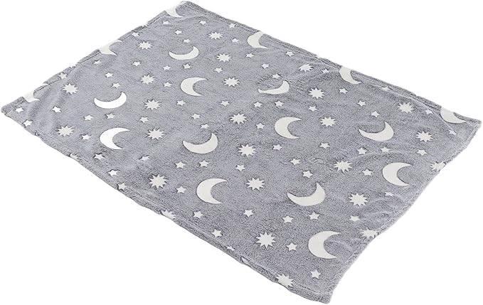 Coperta che si Illumina al Buio in Pile | Plaid Fluorescente Luminoso con Lune e Stelle, Morbida Copertina Termica in Flanella, Regalo Bambini