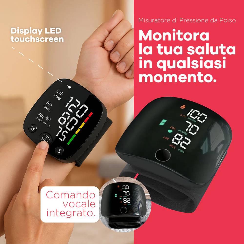 Misuratore di Pressione da Polso Digitale | Sfigmomanometro Elettronico Automatico con Display LED Touchscreen e Comando Vocale Parlante