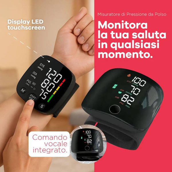 Misuratore di Pressione da Polso Digitale | Sfigmomanometro Elettronico Automatico con Display LED Touchscreen e Comando Vocale Parlante