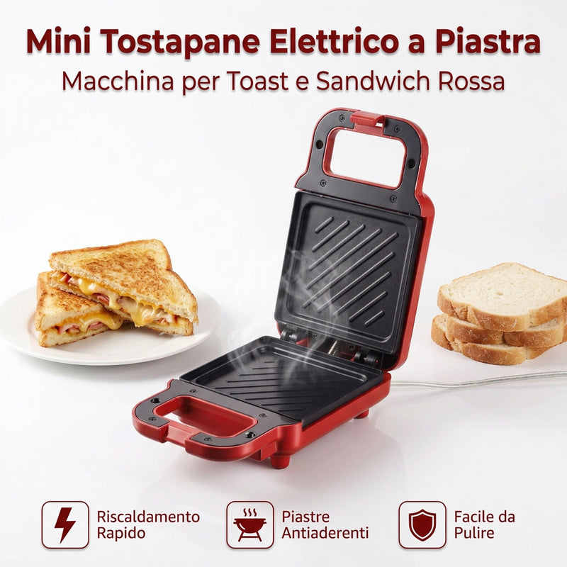 Mini Tostapane Elettrico a Piastra | Macchina per Toast e Sandwich Rossa