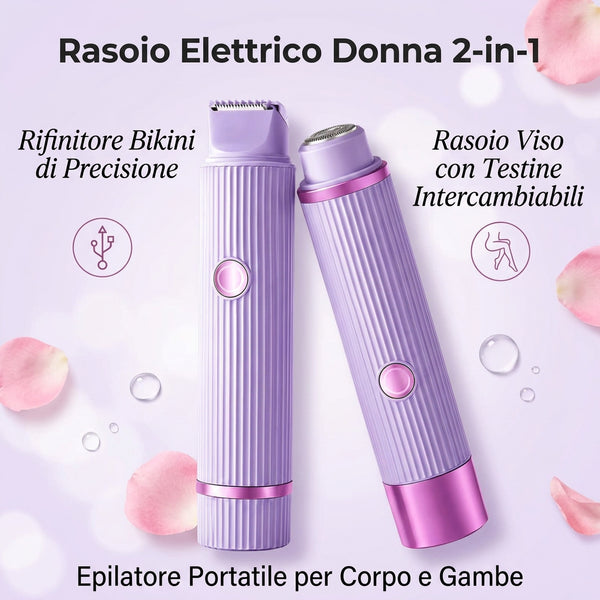 Rasoio Elettrico Donna 2-in-1 | Rifinitore Bikini di Precisione e Rasoio Viso con Testine Intercambiabili, Epilatore Portatile USB per Corpo e Gambe