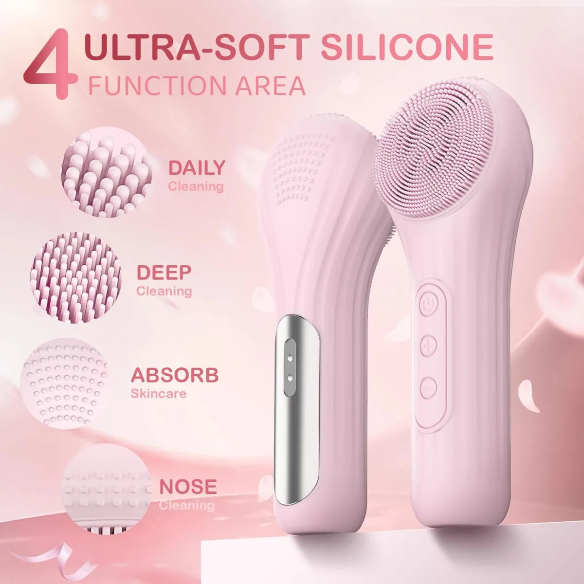 Spazzola Viso Elettrica in Silicone 4-in-1 | Spazzola per Pulizia del Viso a Ultrasuoni, Massaggiatore Sonico Skincare e Rimozione Punti Neri, Rosa