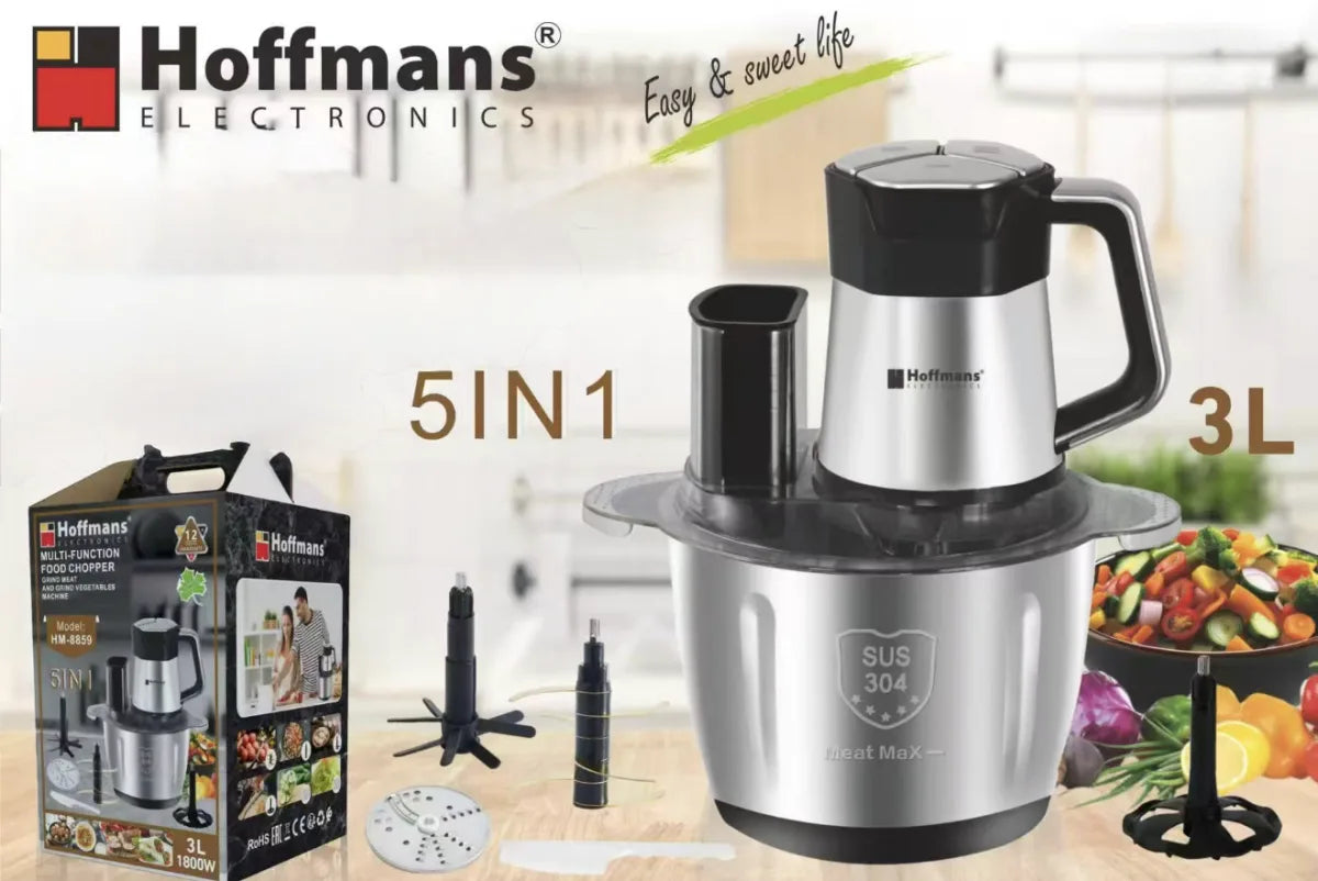 Tritatutto Elettrico Multifunzione Hoffmans 1800W Potente – Robot da Cucina 5 in 1 con Ciotola 3L in Acciaio, Bocchetta di Inserimento per Verdure e Carne