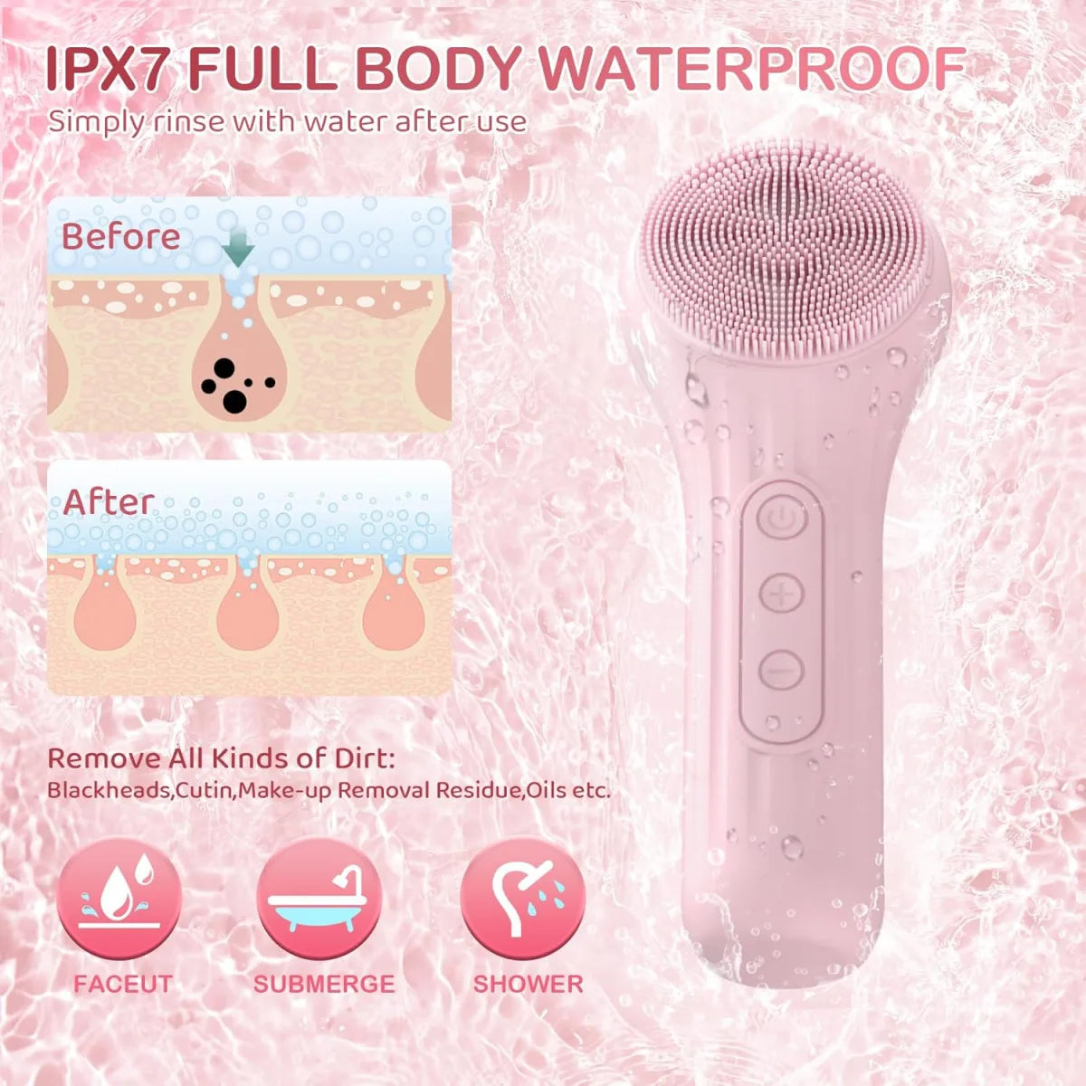 Spazzola Viso Elettrica in Silicone 4-in-1 | Spazzola per Pulizia del Viso a Ultrasuoni, Massaggiatore Sonico Skincare e Rimozione Punti Neri, Rosa
