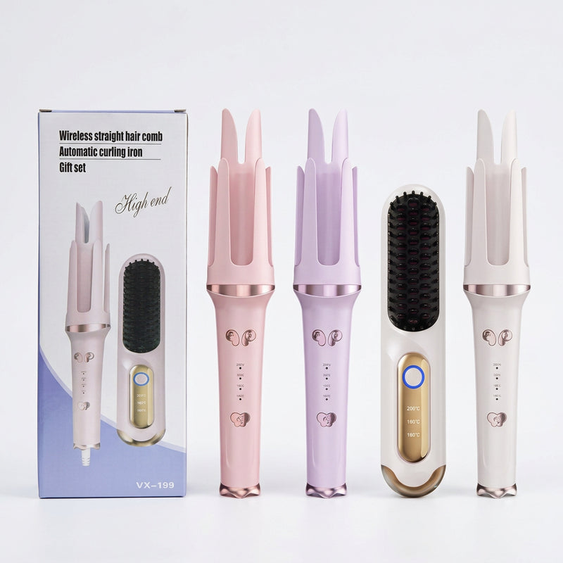 • Kit Styling Capelli Cordless 2-in-1: Spazzola Lisciante + Arricciacapelli Automatico Ricaricabile