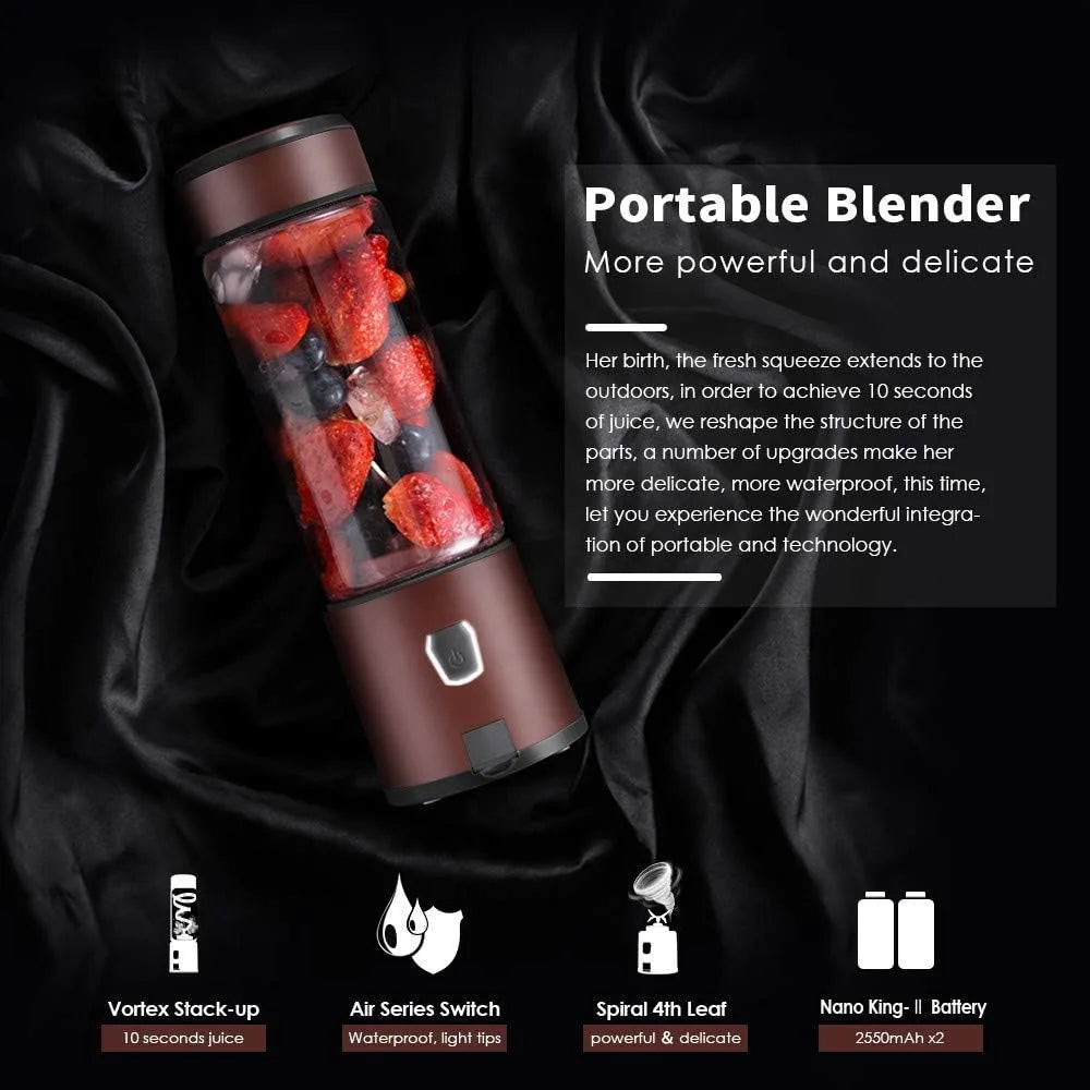 Frullatore Portatile USB - Mini Mixer Frullati e Smoothie in 10 Secondi con Doppia Batteria 2550mAh e 4 Lame in Acciaio Inox, Centrifuga Singola Impermeabile