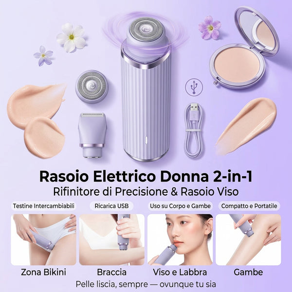 Rasoio Elettrico Donna 2-in-1 | Rifinitore Bikini di Precisione e Rasoio Viso con Testine Intercambiabili, Epilatore Portatile USB per Corpo e Gambe