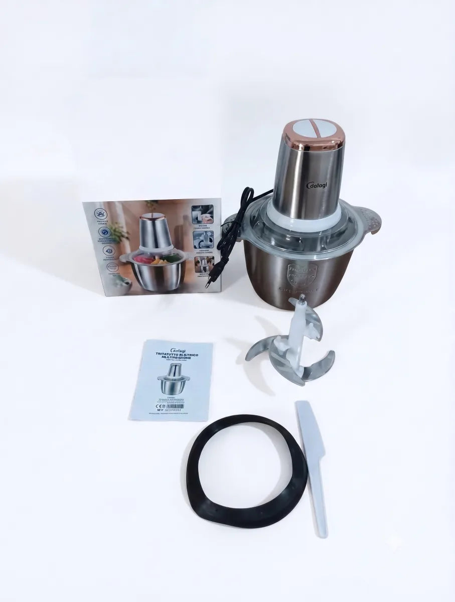 Tritatutto Elettrico Multifunzione Gatogi in Acciaio Inox | Robot da Cucina con 4 Lame e Ciotola Capiente per Carne, Verdure e Frutta Secca
