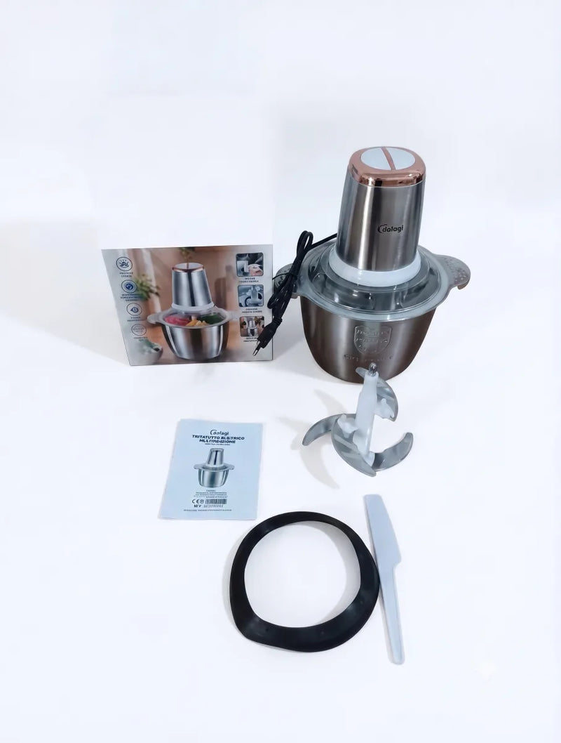 Tritatutto Elettrico Multifunzione Gatogi in Acciaio Inox | Robot da Cucina con 4 Lame e Ciotola Capiente per Carne, Verdure e Frutta Secca