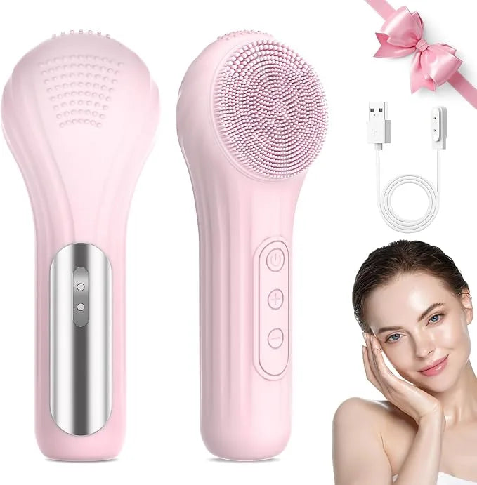 Spazzola Viso Elettrica in Silicone 4-in-1 | Spazzola per Pulizia del Viso a Ultrasuoni, Massaggiatore Sonico Skincare e Rimozione Punti Neri, Rosa