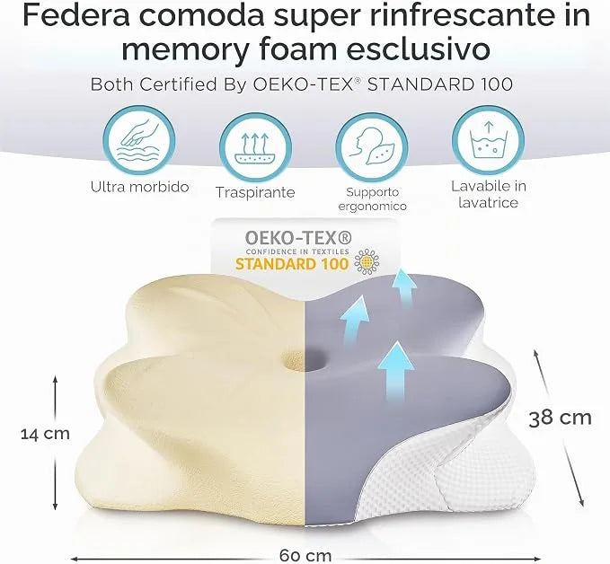 Guanciale Cervicale Anatomico a Farfalla | Cuscino Ortopedico Contornato in Memory Foam Traspirante, Supporto Collo per Postura Corretta del Sonno