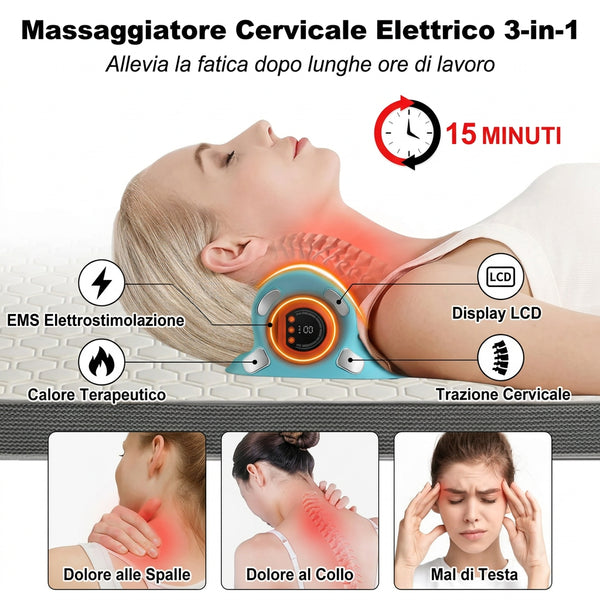 Massaggiatore Cervicale Elettrico 3-in-1 | Cuscino Trazione con Elettrostimolatore EMS, Calore Terapeutico e Display LCD per Sollievo Dolore Collo